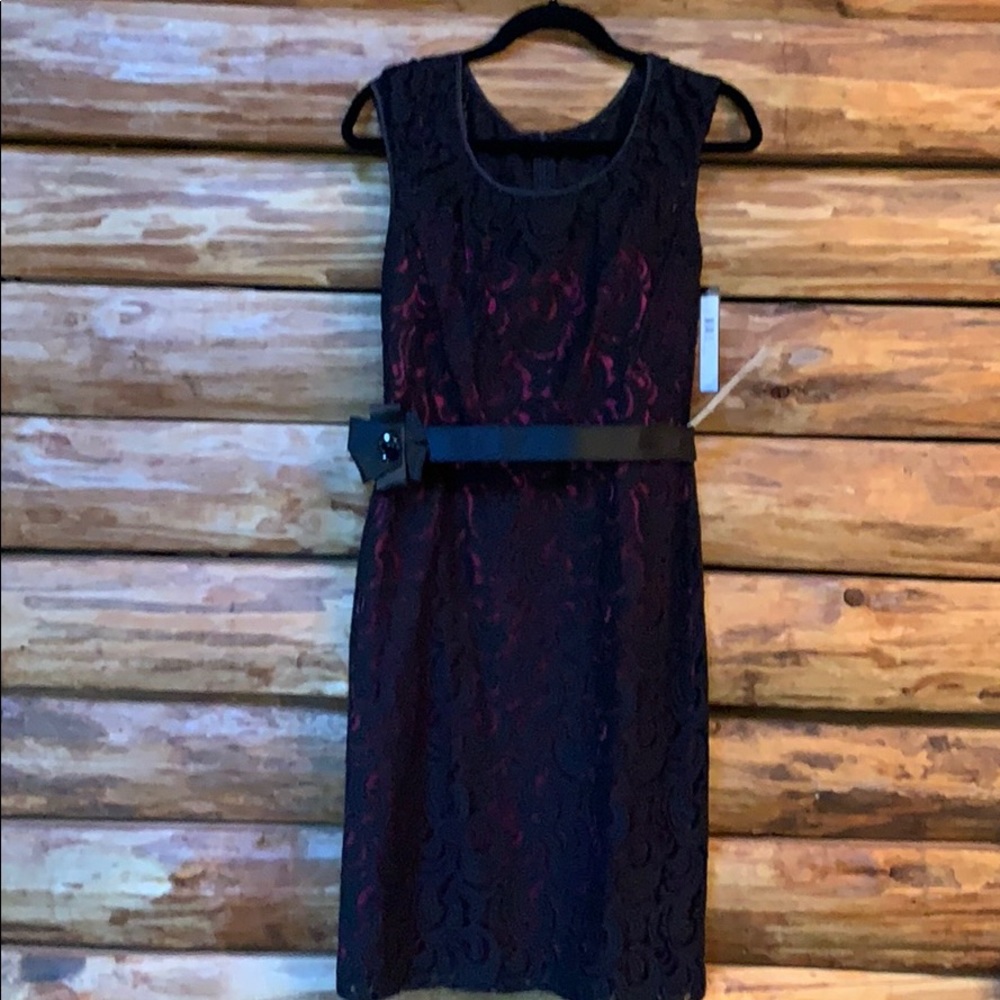Tahari fuchsia and black lace cocktail dress NWT
